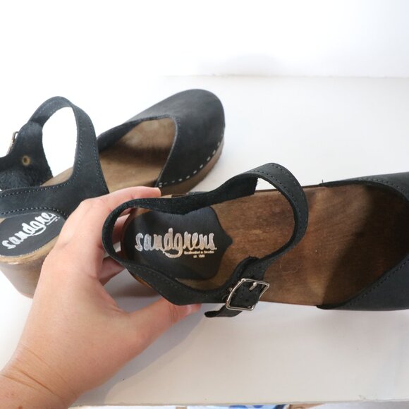 Sandgrens Swedish Handmade Wooden Clogs Womens 40 US 9 Black Brown Nubuck Shoes - Picture 6 of 7